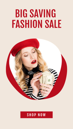 Saving Fashion Sale Ad with Woman in Red Beret Instagram Story Design Template