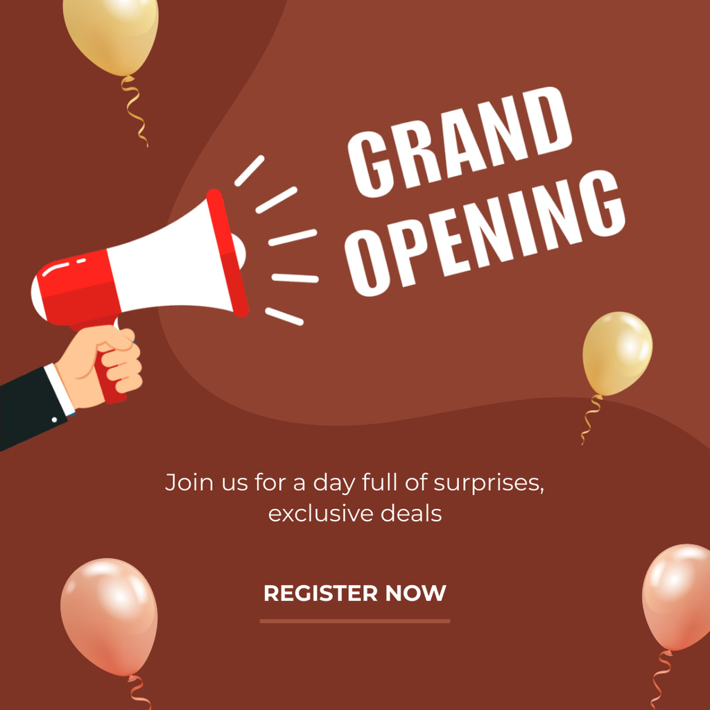 Grand Opening Event With Loudspeaker And Balloons Instagram ADデザインテンプレート