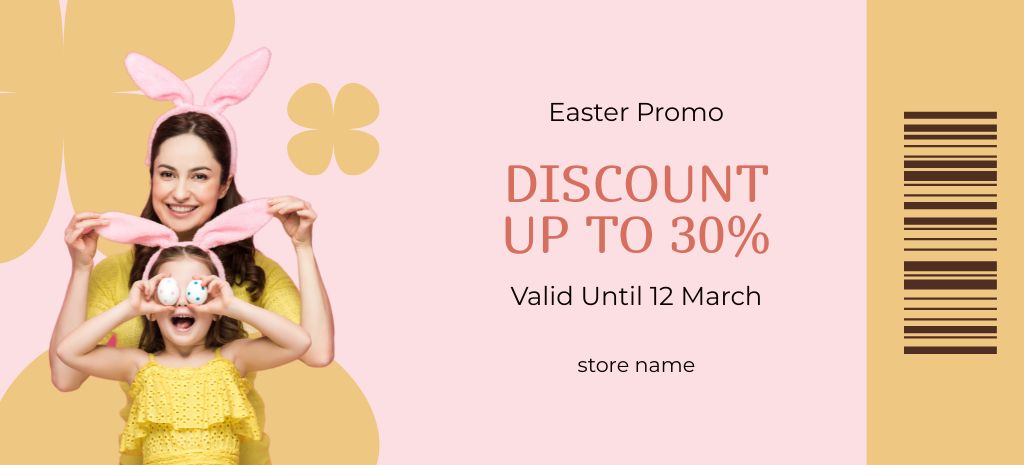 Easter Promotion with Beautiful Woman and Kid in Bunny Ears Coupon 3.75x8.25in Design Template