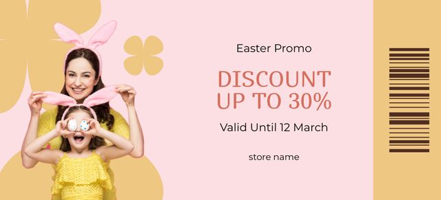 Easter Promotion with Beautiful Woman and Kid in Bunny Ears Coupon 3.75x8.25in Design Template