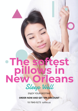 Ontwerpsjabloon van Poster van Kussensadvertentie met meisje dat in bed slaapt