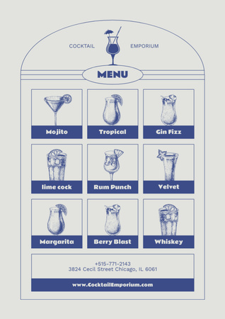 Ассортимент коктейлей с эскизными иллюстрациями Menu – шаблон для дизайна