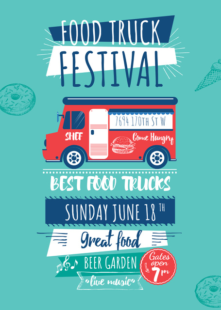 Food Truck Festival Ad with Illustration of Van Flyer A6 Design Template