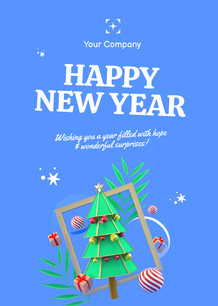 Bright New Year Holiday Greeting with Cute Decorated Tree Postcard A6 Vertical Šablona návrhu