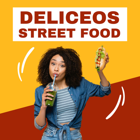 Woman with Delicious Street Food Instagram Design Template