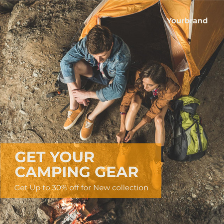Camping Gear Ad with Couple in Tent Instagram AD Modelo de Design