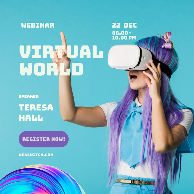 Plantilla de diseño de Virtual World Webinar with Woman in Virtual Reality Glasses Instagram 