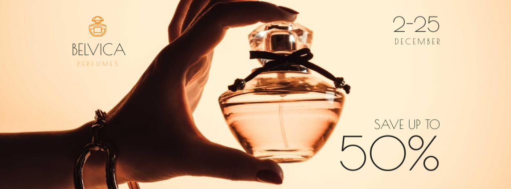 Plantilla de diseño de Sale Offer with Woman Holding Perfume Bottle Facebook cover 