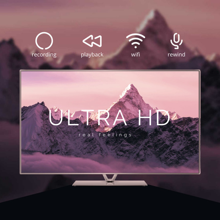 Anúncio de TV HD com montanhas na tela em roxo Animated Post Modelo de Design