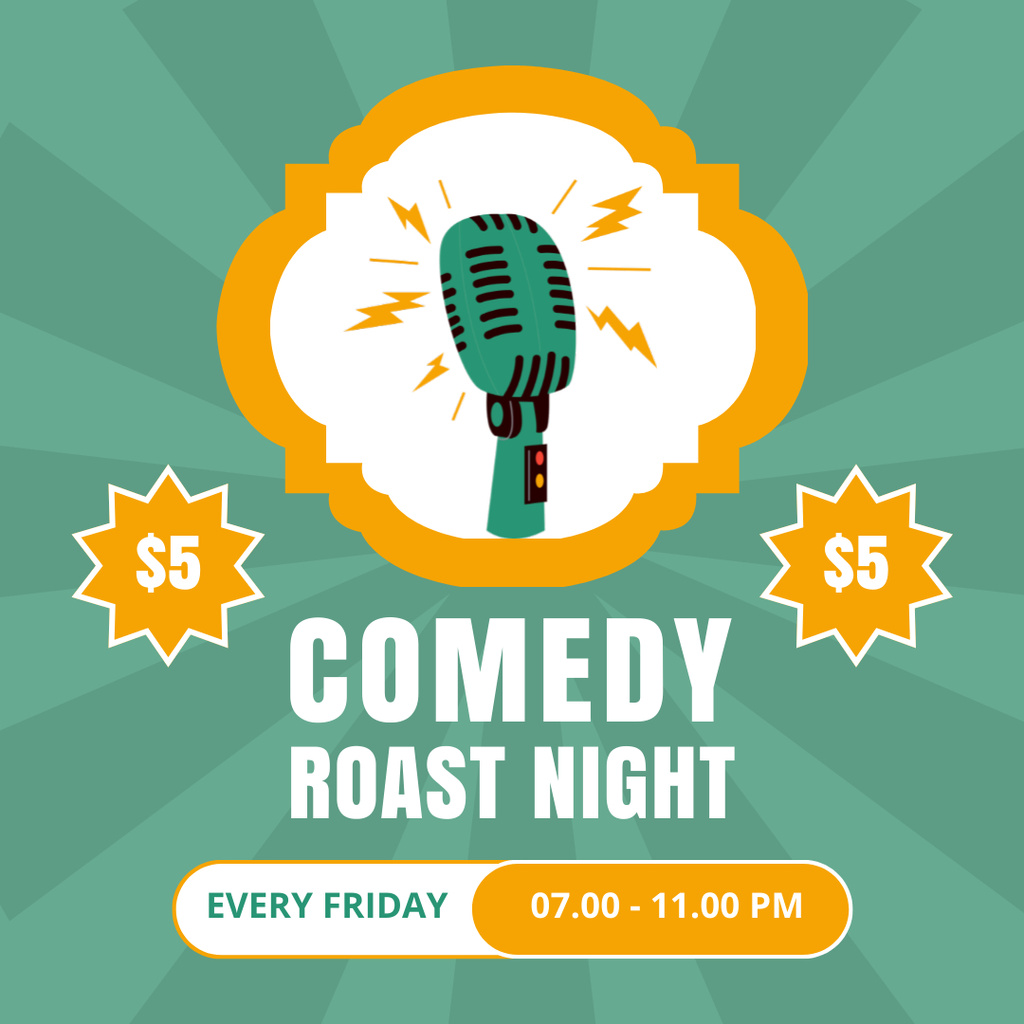 Comedy Show Night Announcement with Green Microphone Illustration Instagram Modelo de Design