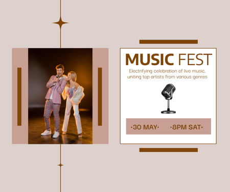 Music Festival Announcement with Man and Woman on Stage Facebook Design Template