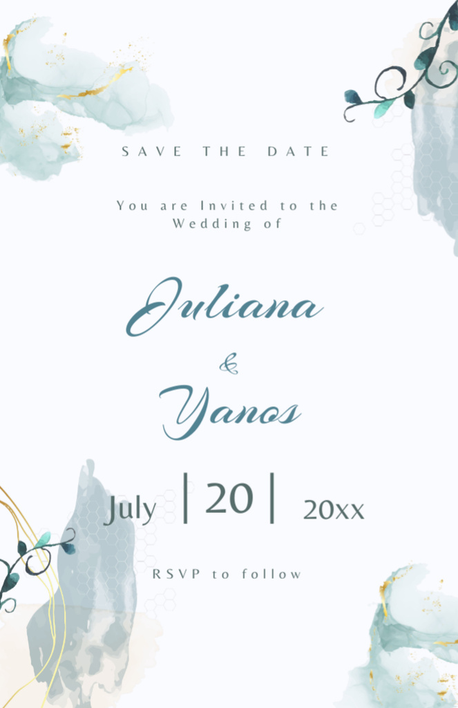 Wedding Announcement with Blue Watercolor Brush Strokes Invitation 5.5x8.5in Šablona návrhu