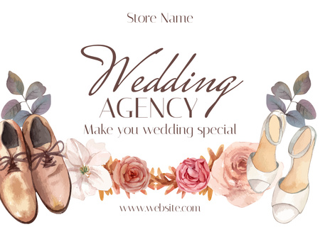 Designvorlage Anzeige einer Hochzeitsagentur mit Paar Schuhen für Braut und Bräutigam für Card