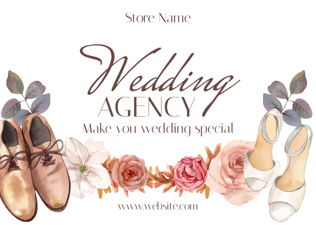 Ontwerpsjabloon van Card van Wedding Agency Ad with Pair of Shoes for Bride and Groom