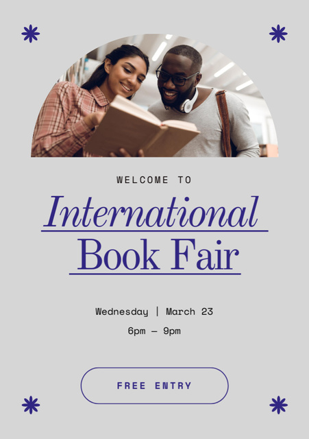 Book Festival Announcement with Multiracial Couple Flyer A5 Tasarım Şablonu