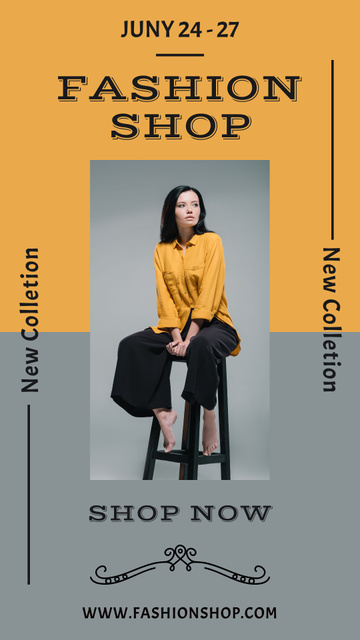 Template di design Female Fashion Clothes Ad with Woman posing on Chair Instagram Story