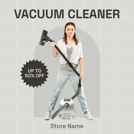 Vacuum Cleaner Discount Announcement with Young Brunette Instagram AD Design Template