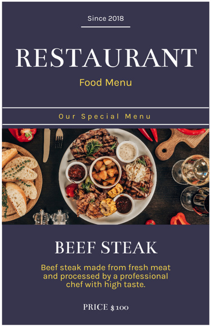 Restaurant Menu Ad with Beef Steak Recipe Card Design Template