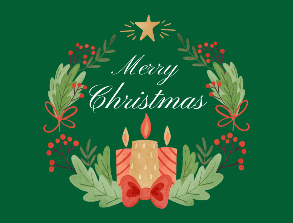 Plantilla de diseño de Christmas Greeting with Wreath and Candles Postcard 4.2x5.5in 