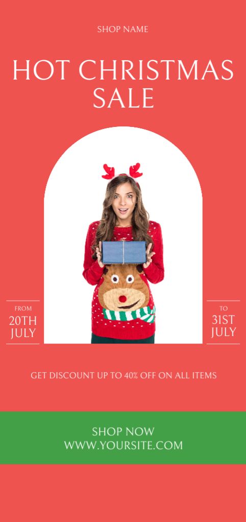 Modèle de visuel July Christmas Sale Announcement with Woman in Funny Sweater - Flyer DIN Large