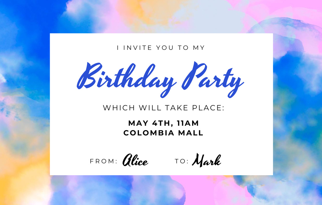 Ontwerpsjabloon van Invitation 4.6x7.2in Horizontal van Birthday Party Announcement With Watercolor Frame