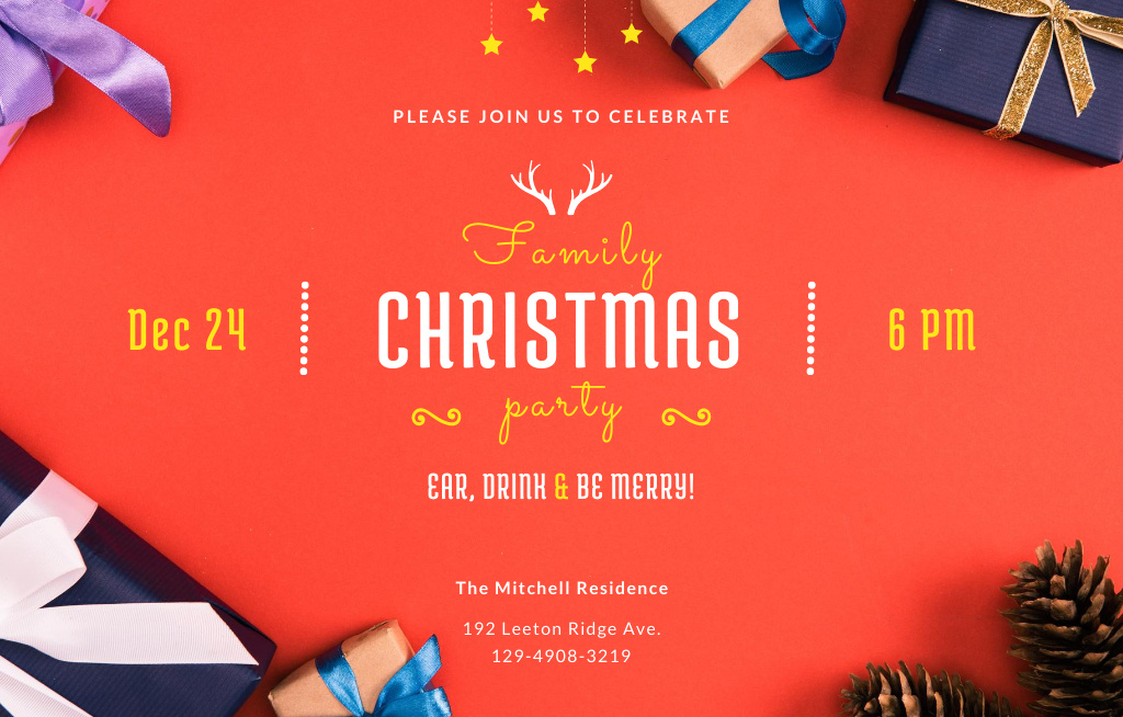 Plantilla de diseño de Christmas Family Party And Gifts with Bows Invitation 4.6x7.2in Horizontal 