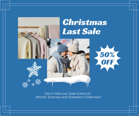 Christmas Fashion Sale Ad with Couple in Warm Clothes Facebook Design Template