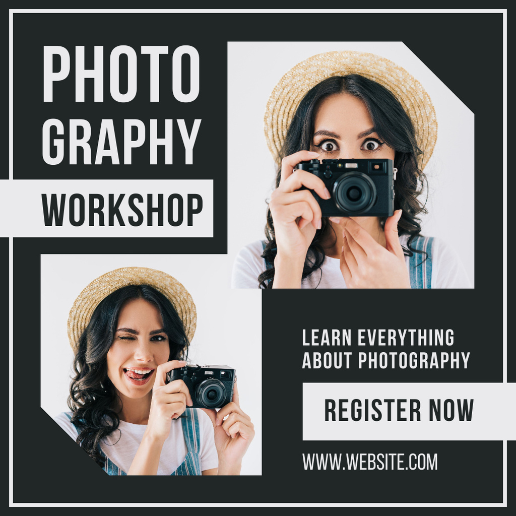 Ontwerpsjabloon van Instagram van Photography Workshop Ad with Woman holding Camera