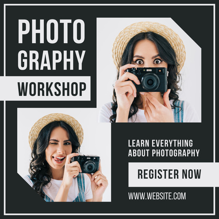 Plantilla de diseño de Anuncio de taller de fotografía con mujer sosteniendo cámara Instagram 