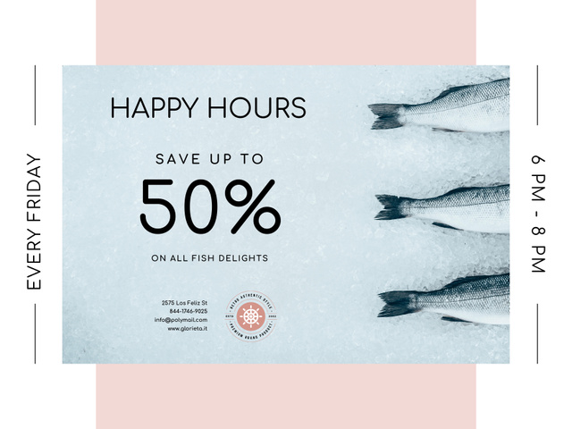 Modèle de visuel Happy Hours Offer on River And Sea Fish On Friday - Poster 18x24in Horizontal