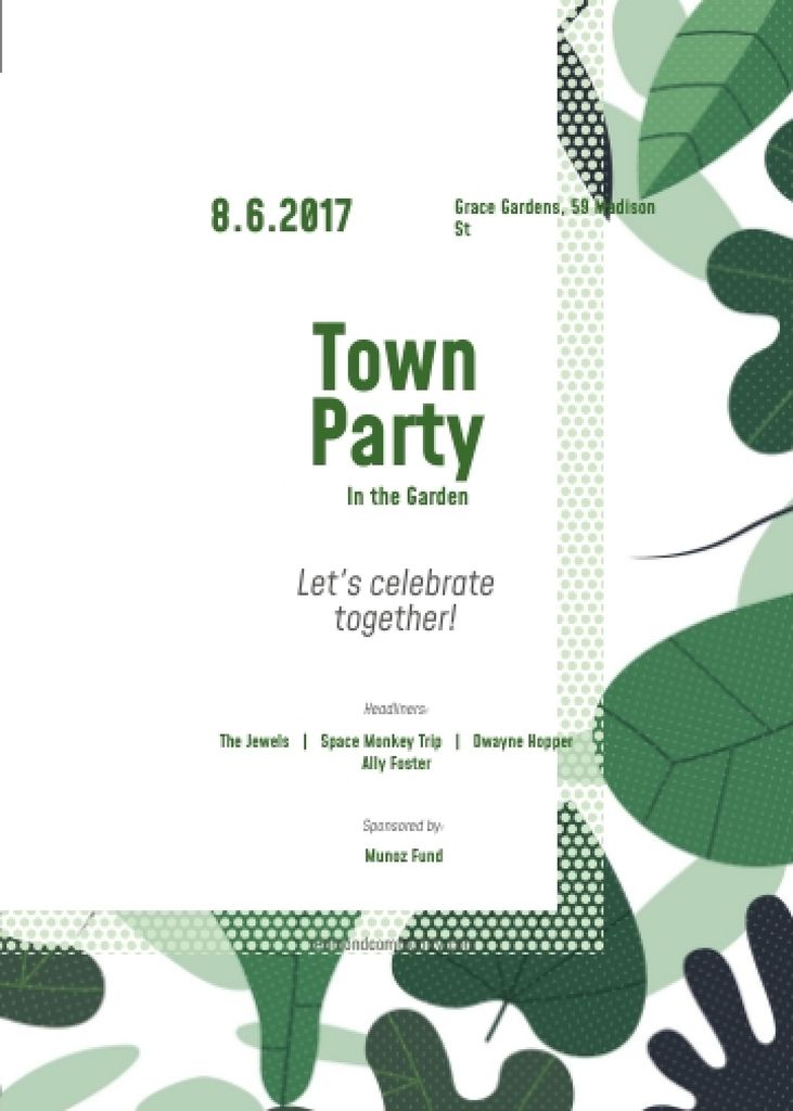Town Party Announcement with Green Leaves Frame Invitation Tasarım Şablonu