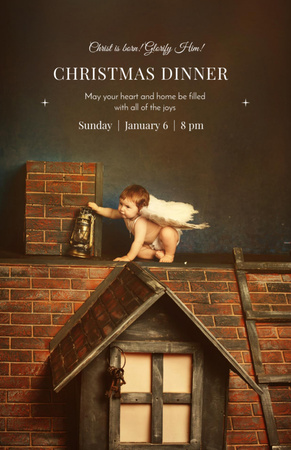 Orthodox Christmas Dinner With Little Angel On Roof Invitation 5.5x8.5in Design Template