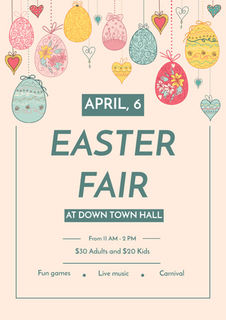 Easter Fair Announcement with Hanging Easter Eggs and Hearts Poster tervezősablon