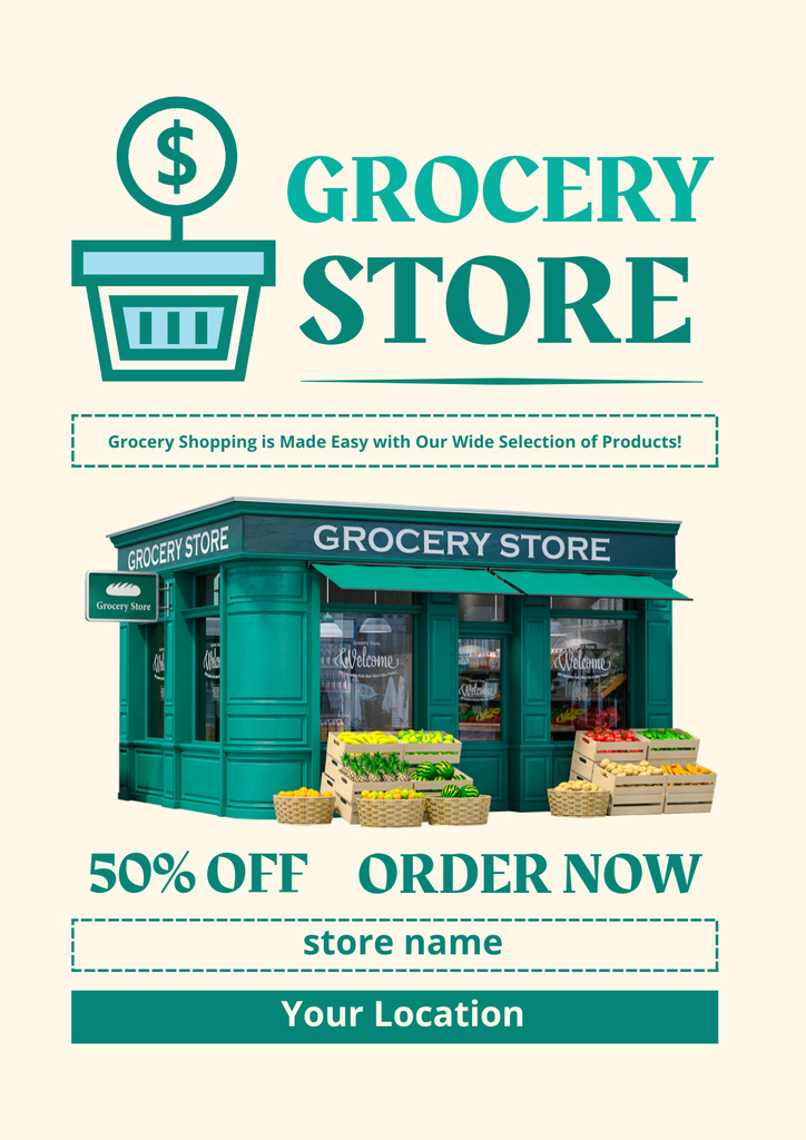 Template di design Grocery Store Building With Veggies In Baskets and Discount Poster