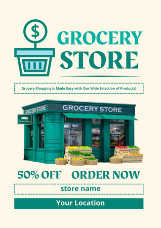 Grocery Store Building With Veggies In Baskets and Discount Poster Design Template