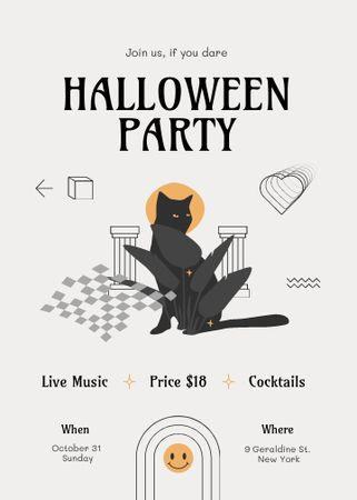 Halloween Party Announcement with Cute Black Cat Invitation Design Template