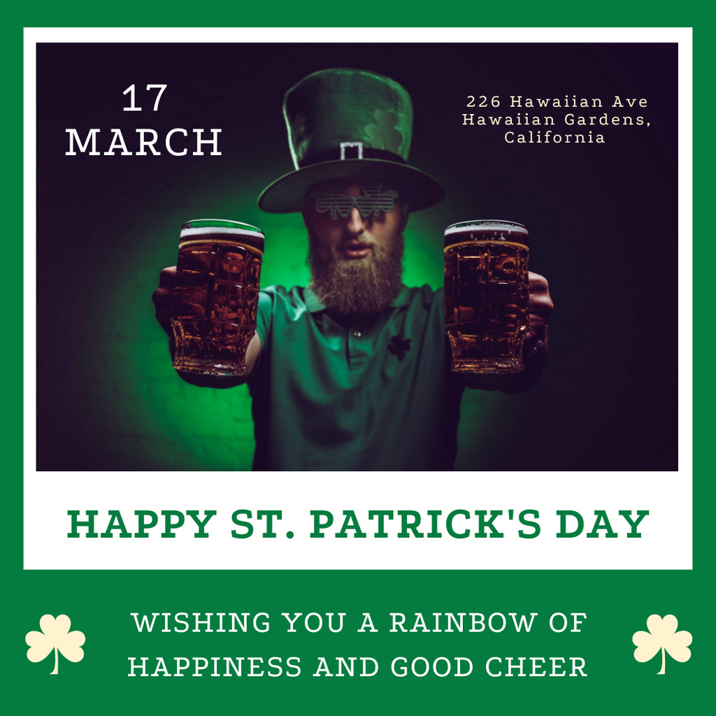 Patrick's Day Greeting with Bearded Man with Glasses of Beer Instagram Tasarım Şablonu
