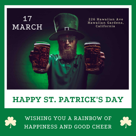 Patrick's Day Greeting with Bearded Man with Glasses of Beer Instagram Design Template