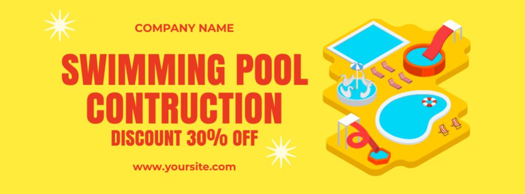 Swimming Pool Construction Company Service Offer on Yellow Facebook cover Modelo de Design