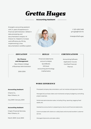 Plantilla de diseño de Descripción de habilidades y experiencia laboral de asistente de contabilidad Resume 