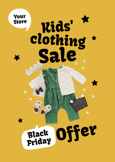 Black Friday Offer for Kids' Clothing on Yellow Flayer Πρότυπο σχεδίασης