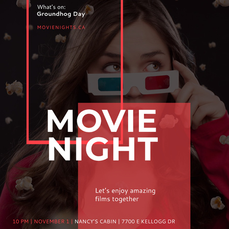 Movie Night Ad with Girl in Cinema Instagram Design Template