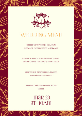 Wedding Food List with Lotus Pattern on Red Menu Design Template
