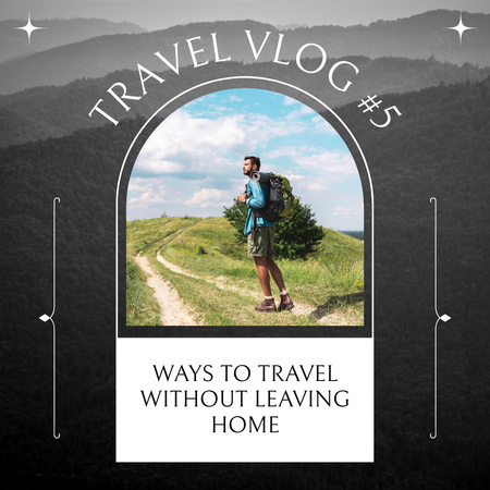 Muž s batohem pro propagaci cestovního blogu na šedé Instagram Šablona návrhu