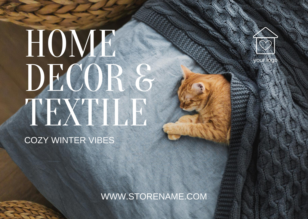 Home Decor and Textile Offer with Cute Sleeping Cat Card Design Template