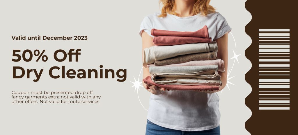 Ontwerpsjabloon van Coupon 3.75x8.25in van Dry Cleaning Services Ad with Woman holding Clothes