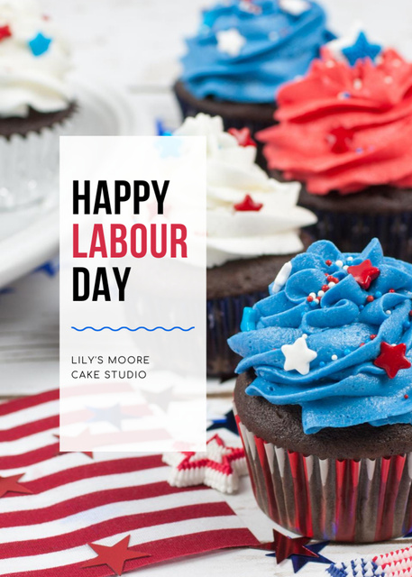 Ontwerpsjabloon van Postcard 5x7in Vertical van Happy Labor Day Announcement with Cupcakes