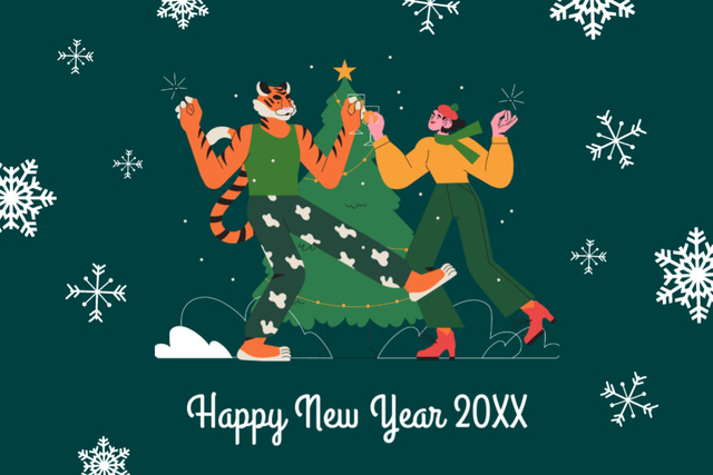 New Year Holiday Greeting on Green with Dancing Man and Tiger Postcard 4x6in Tasarım Şablonu