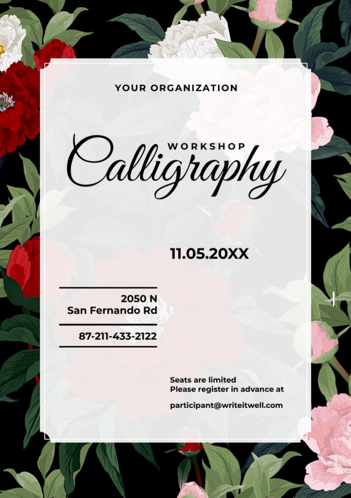 Calligraphy Workshop Announcement in Flowers Frame Flyer A5 Design Template