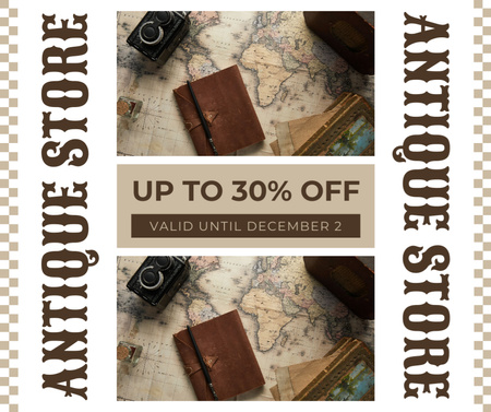 Antique Store Offer Old Maps And Cameras On Discount Facebook Design Template